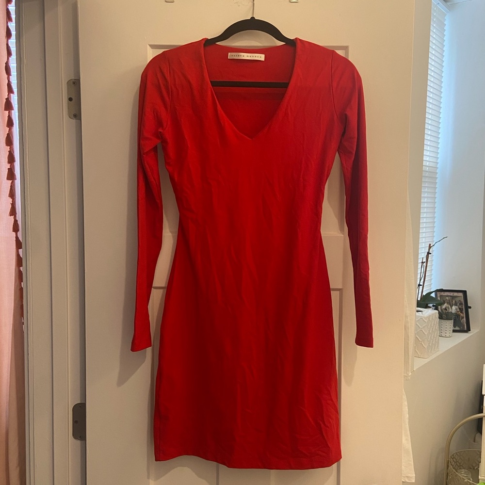 Susana Monaco Red Fitted Long Sleeve Midi Dress